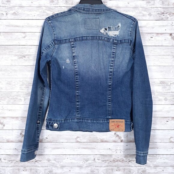 True Religion Womens Denim Trucker Jacket S Destroyed Stretch Blue Jean 263 - Picture 2 of 6